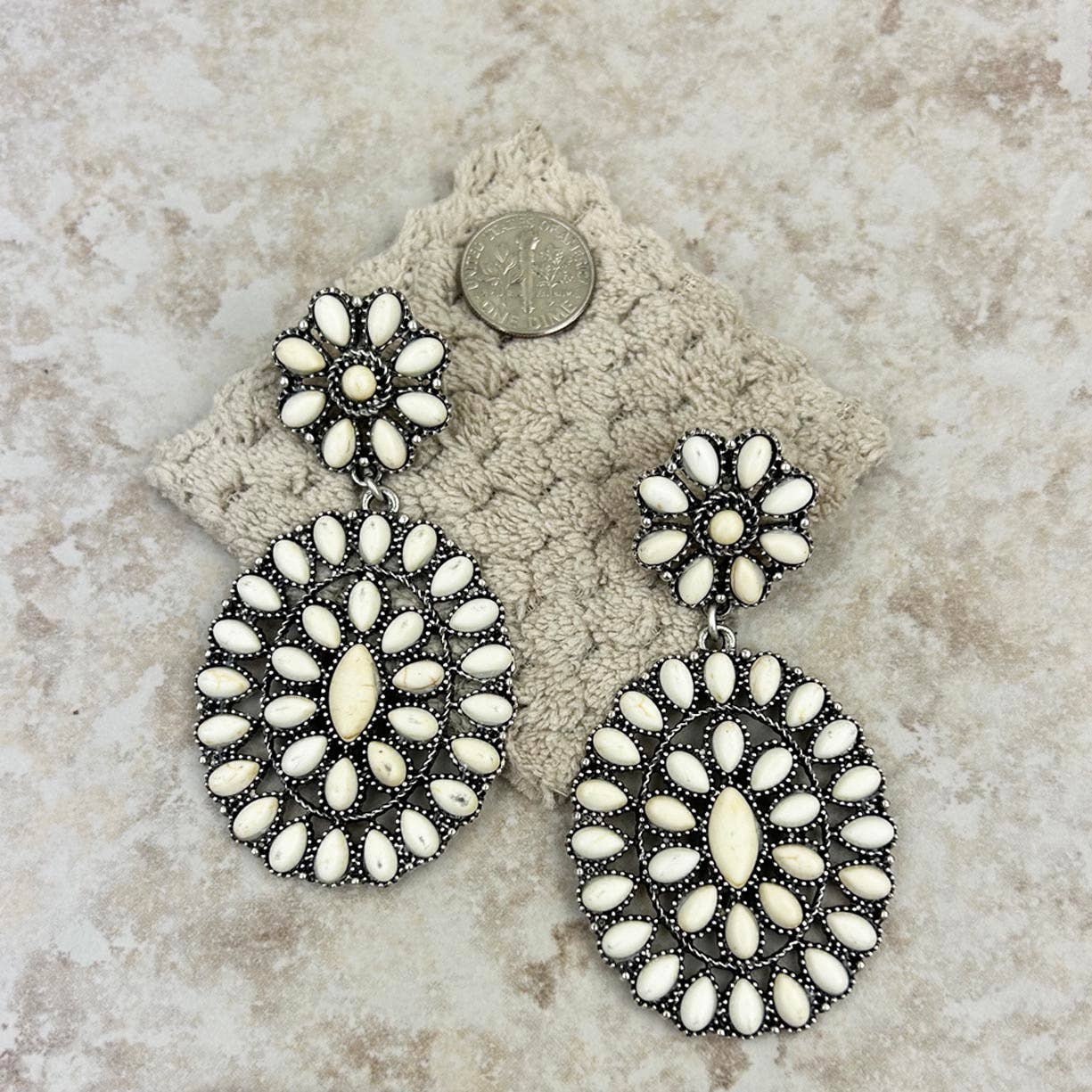 Silver small white stone concho with oval concho post Earrings