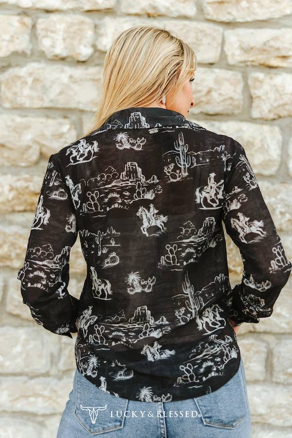 Black Western Desert Printed Chiffon Button Down Shirt