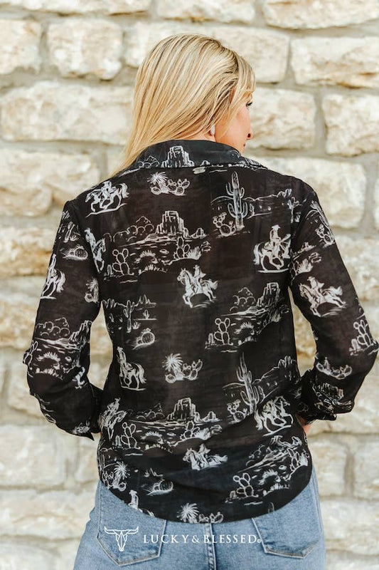 Black Western Desert Printed Chiffon Button Down Shirt