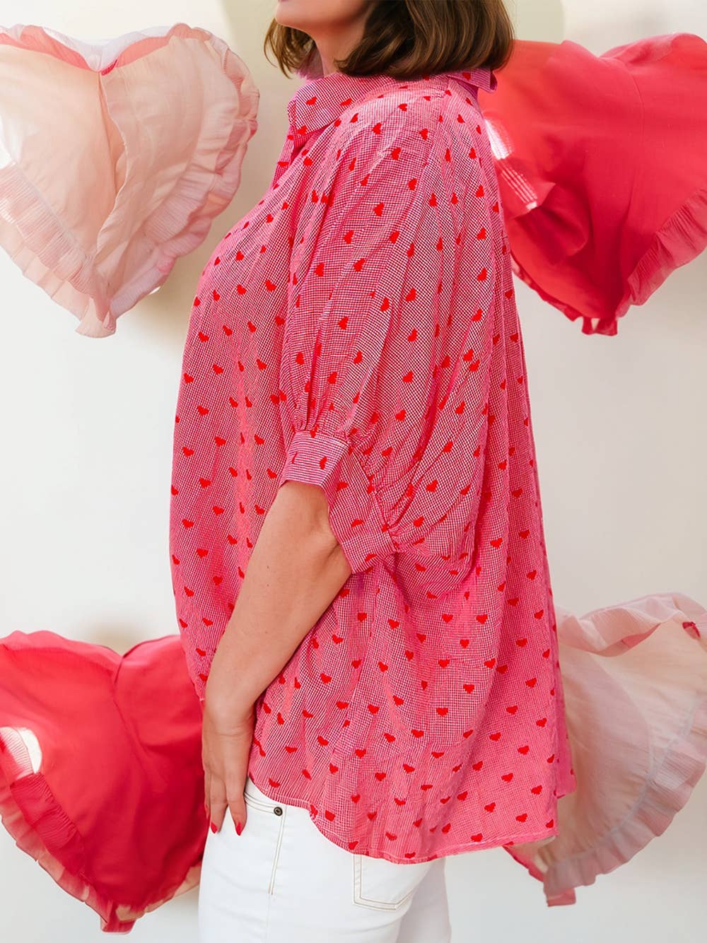 Heart Shape Print Half Sleeve Loose Valentine Shirt