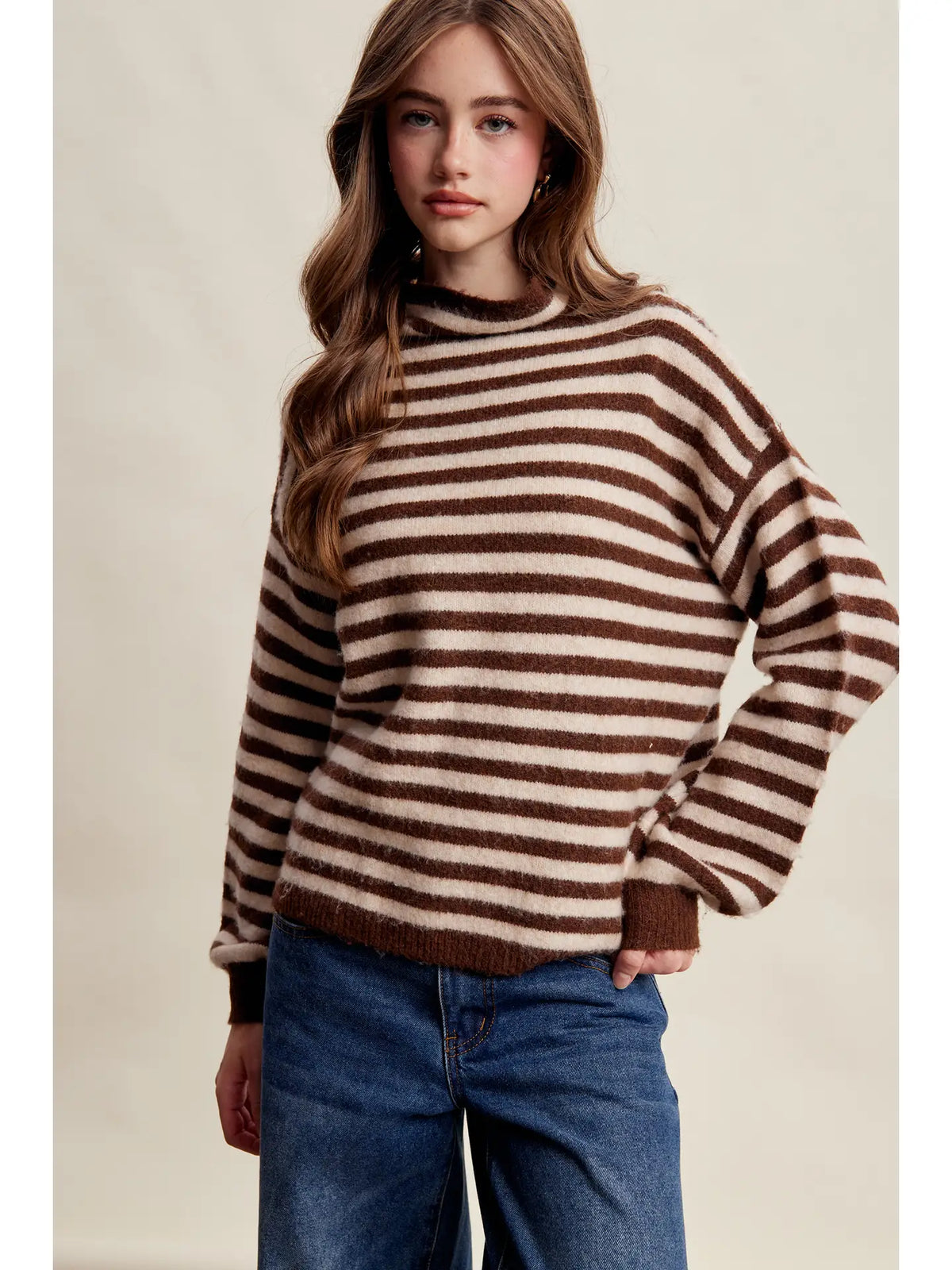 Striped Mock Neck Knit Sweater - Mocha