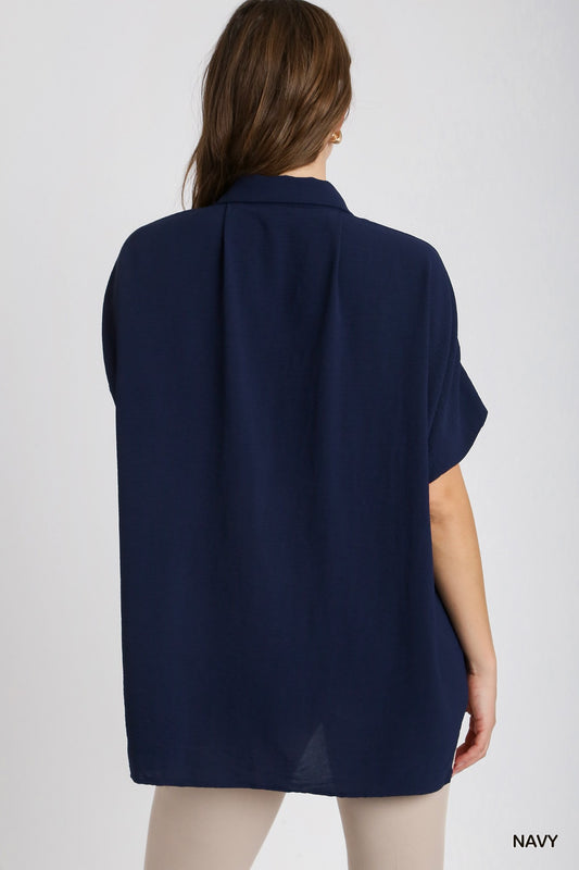 Navy Oversized Dolman Button-Up Blouse