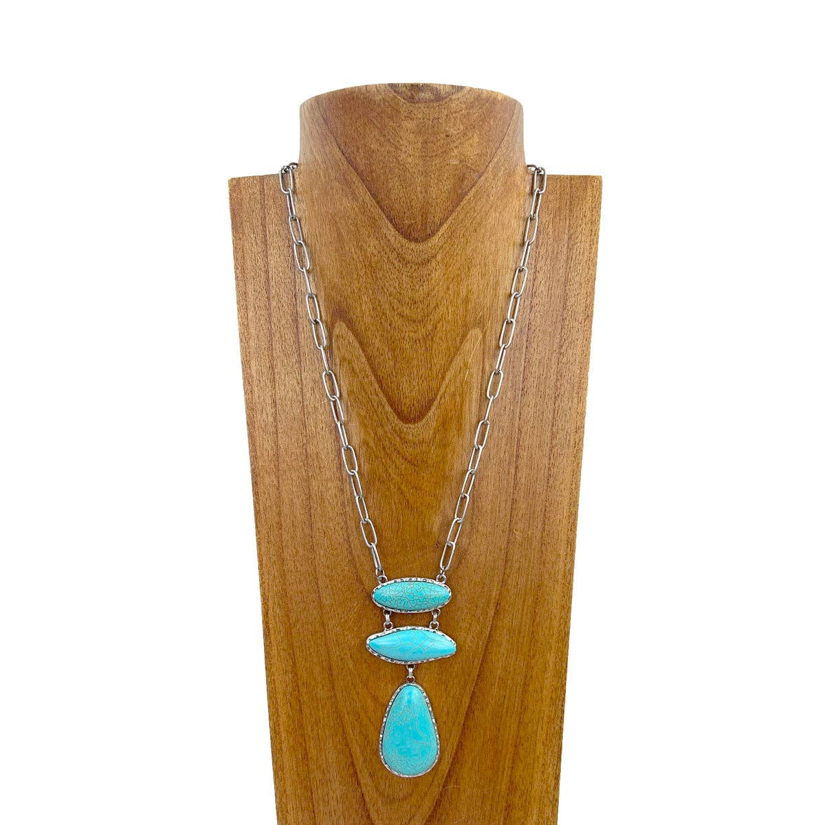 29 inches silver metal chain with blue turquoise stone teardrop Necklace