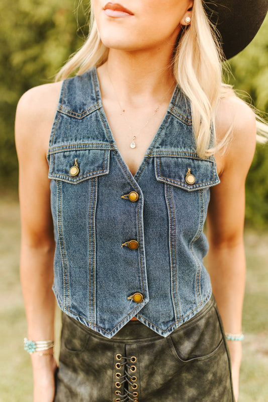 Classic Mid Wash Button Down Denim Vest