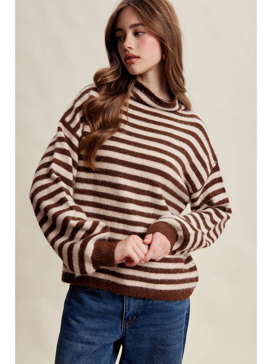 Striped Mock Neck Knit Sweater - Mocha