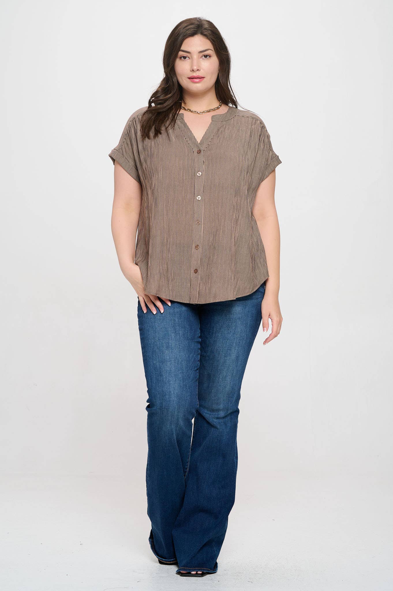 PLUS PINSTRIPE SHORT CUFF SLEEVE SHIRT BROWN