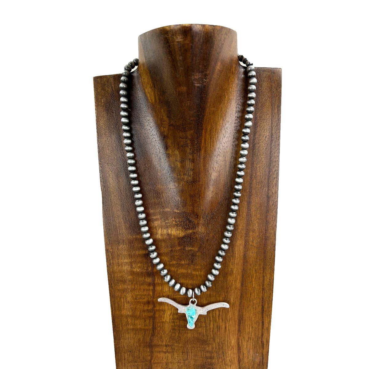 17 inches 6mm silver color Navajo pearl necklace with silver metal long horn pendent