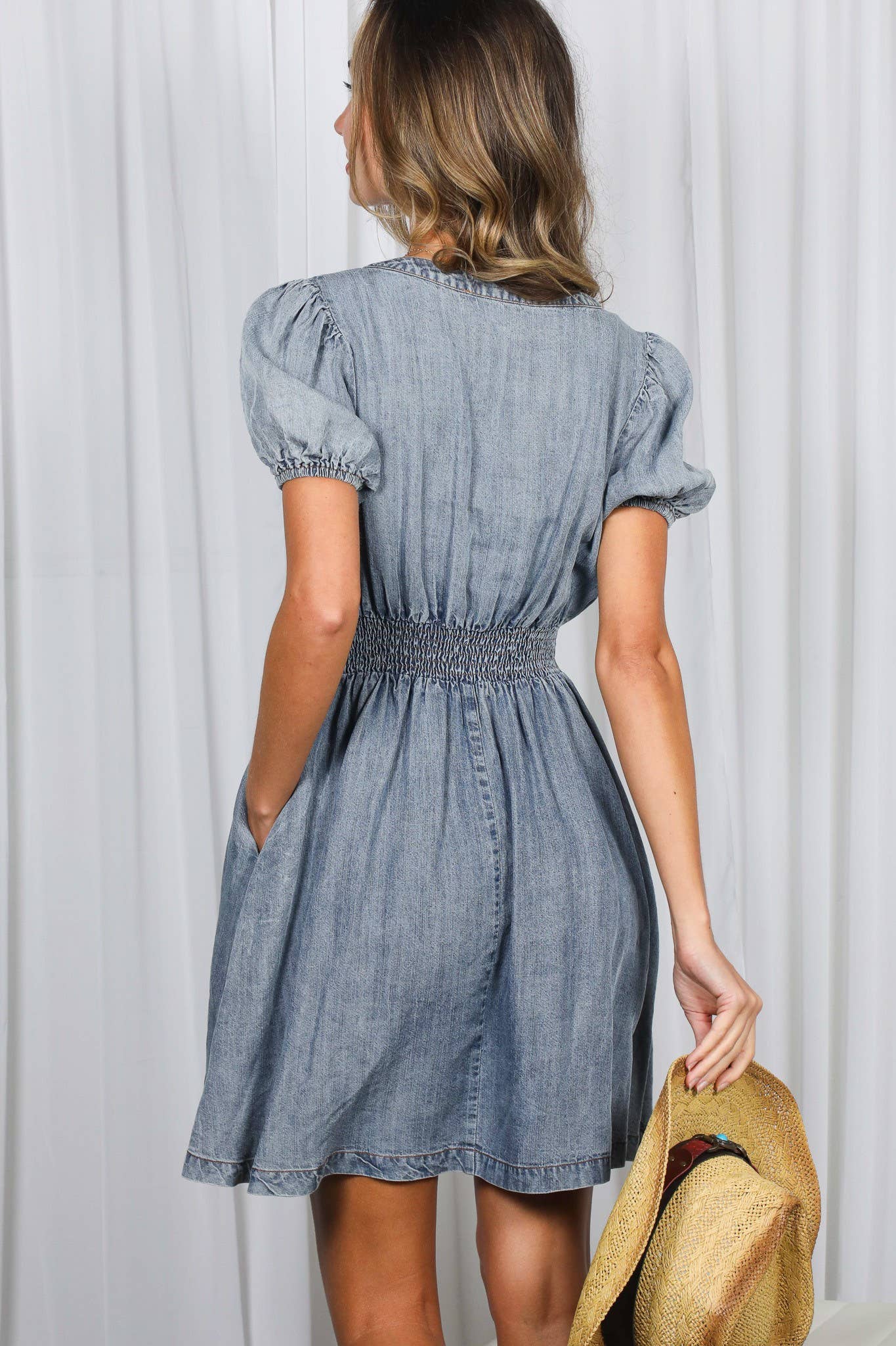 V-Neck Puff Sleeve 100%Tencel Chambray Denim Dress