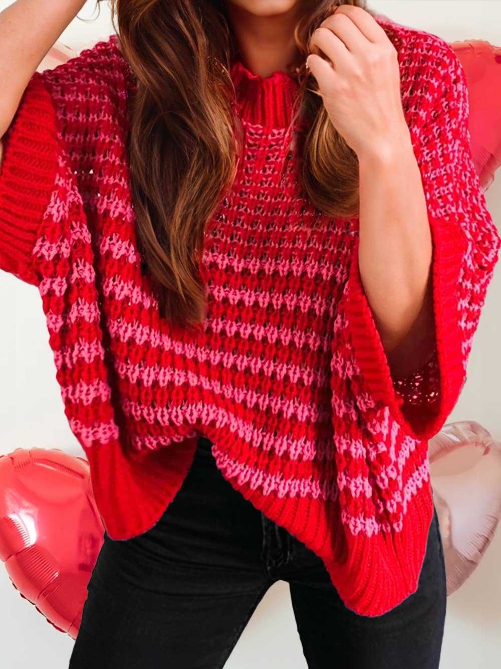 Valentine Color Block 3/4 Draped Sleeve Slouchy Sweater