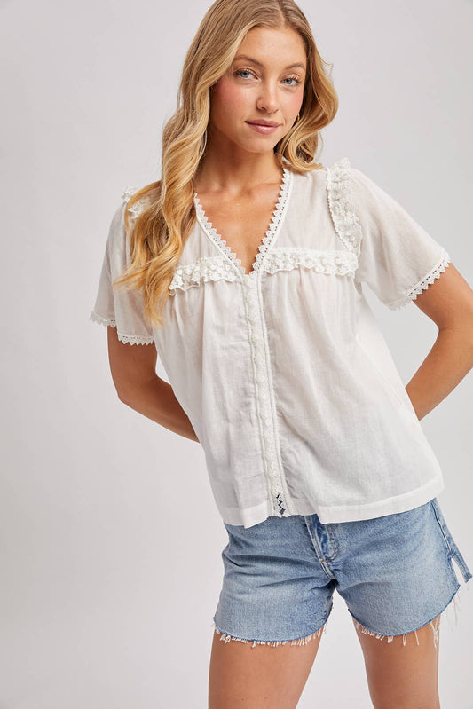 BUTTON DOWN LACE TRIMMED V-NECK BLOUSE