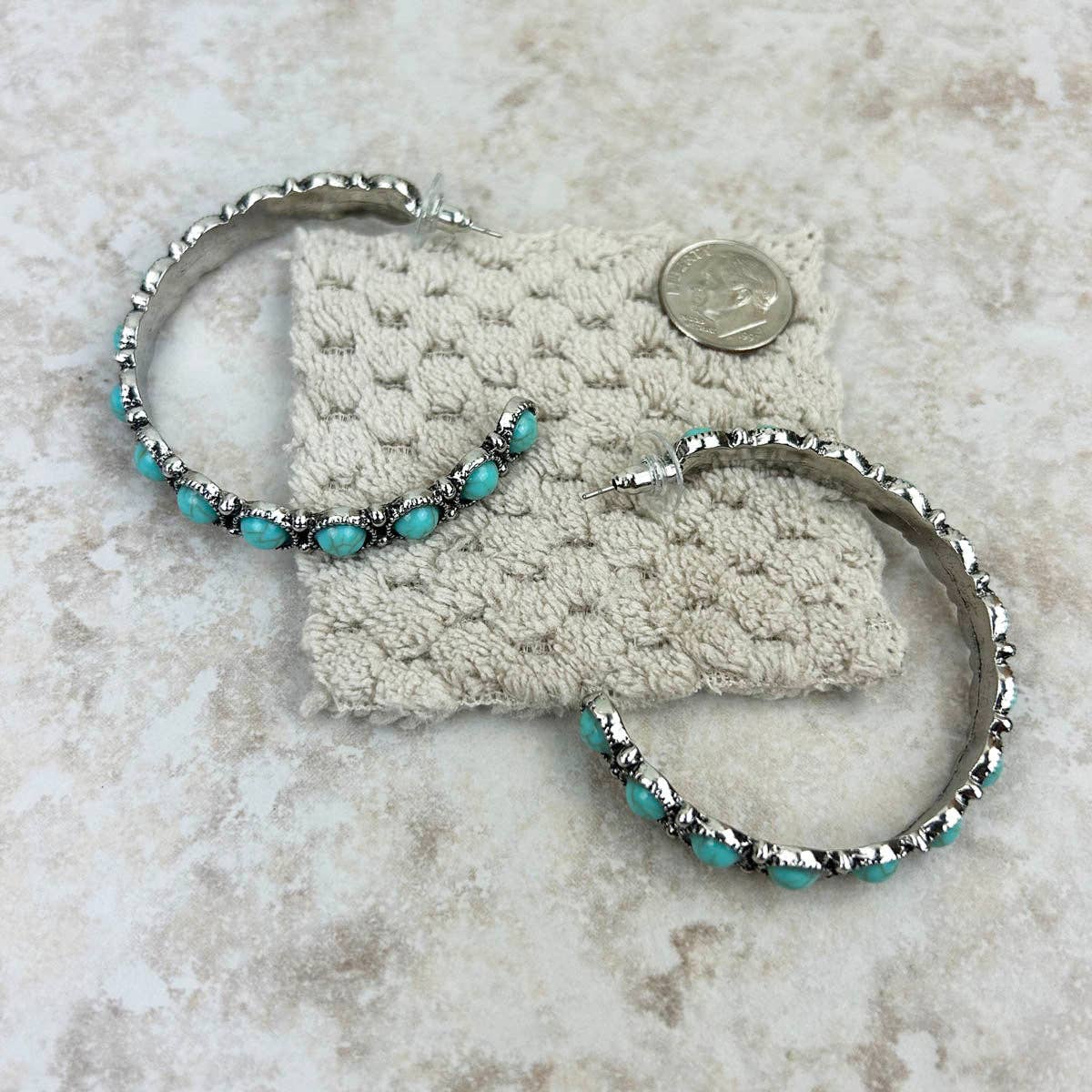 Blue Silver turquoise stone concho hoop earring