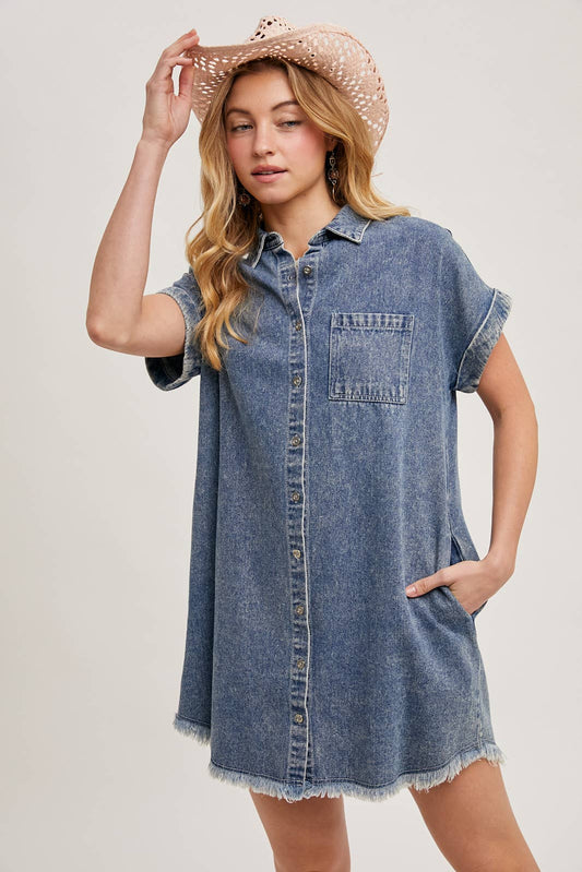 FRAYED HEM DENIM SHIRT DRESS