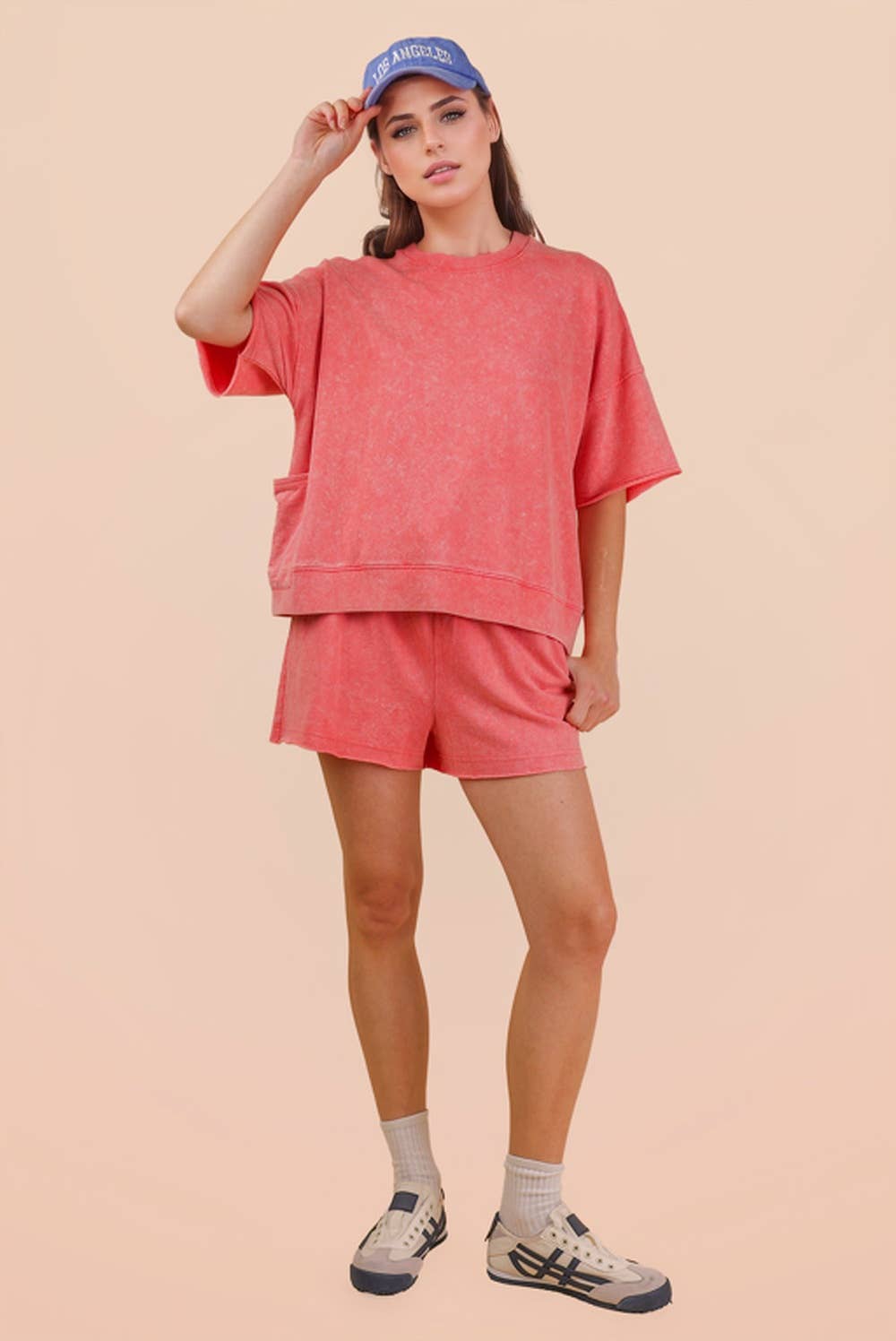 Mineral Washed Knit Casual Top & Shorts Coral