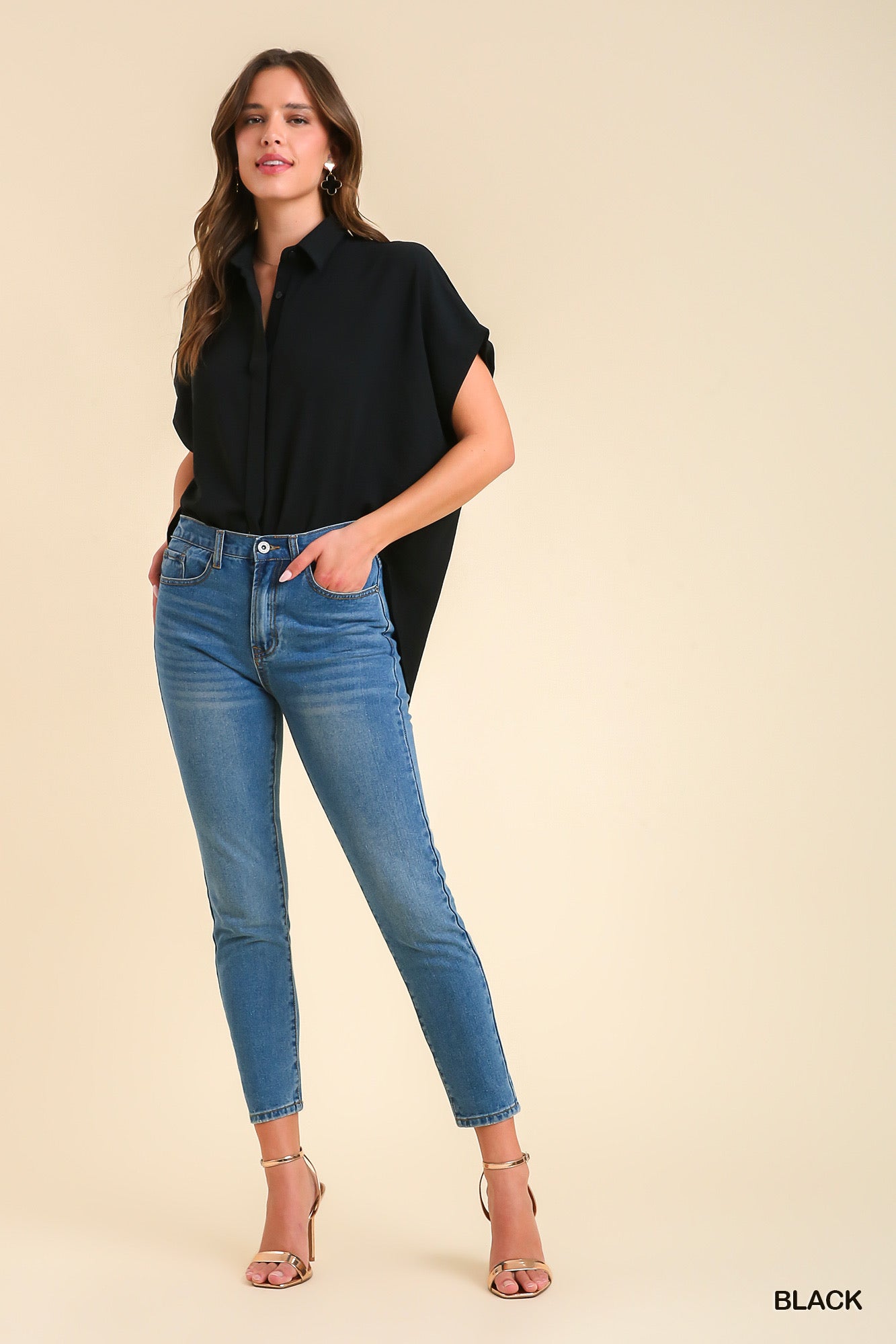 Black Oversized Dolman Button-Up Blouse