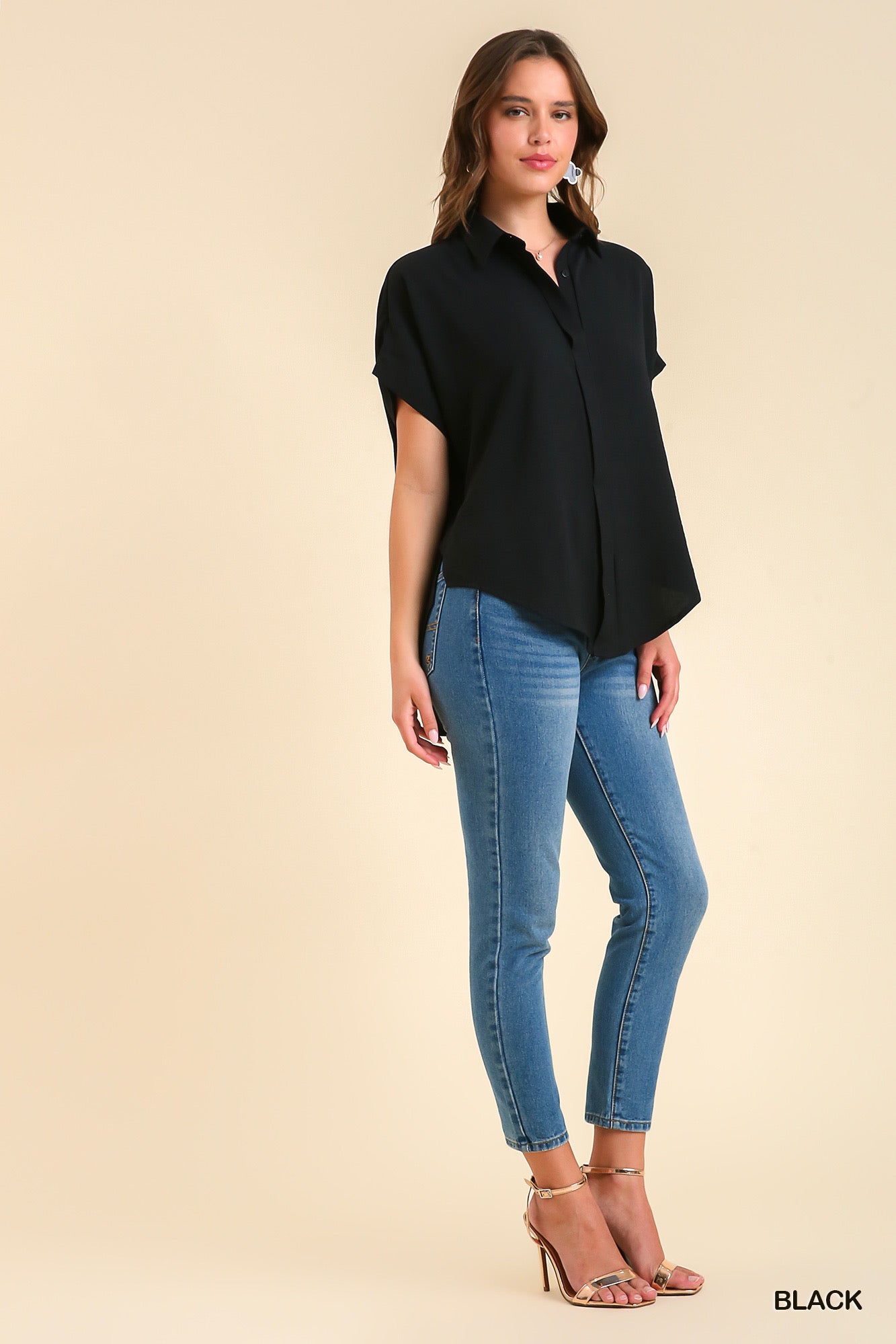 Black Oversized Dolman Button-Up Blouse