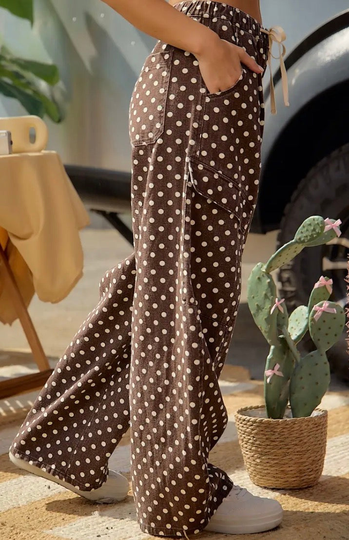 BROWN POLKA DOT WIDE LEG CARGO PANTS