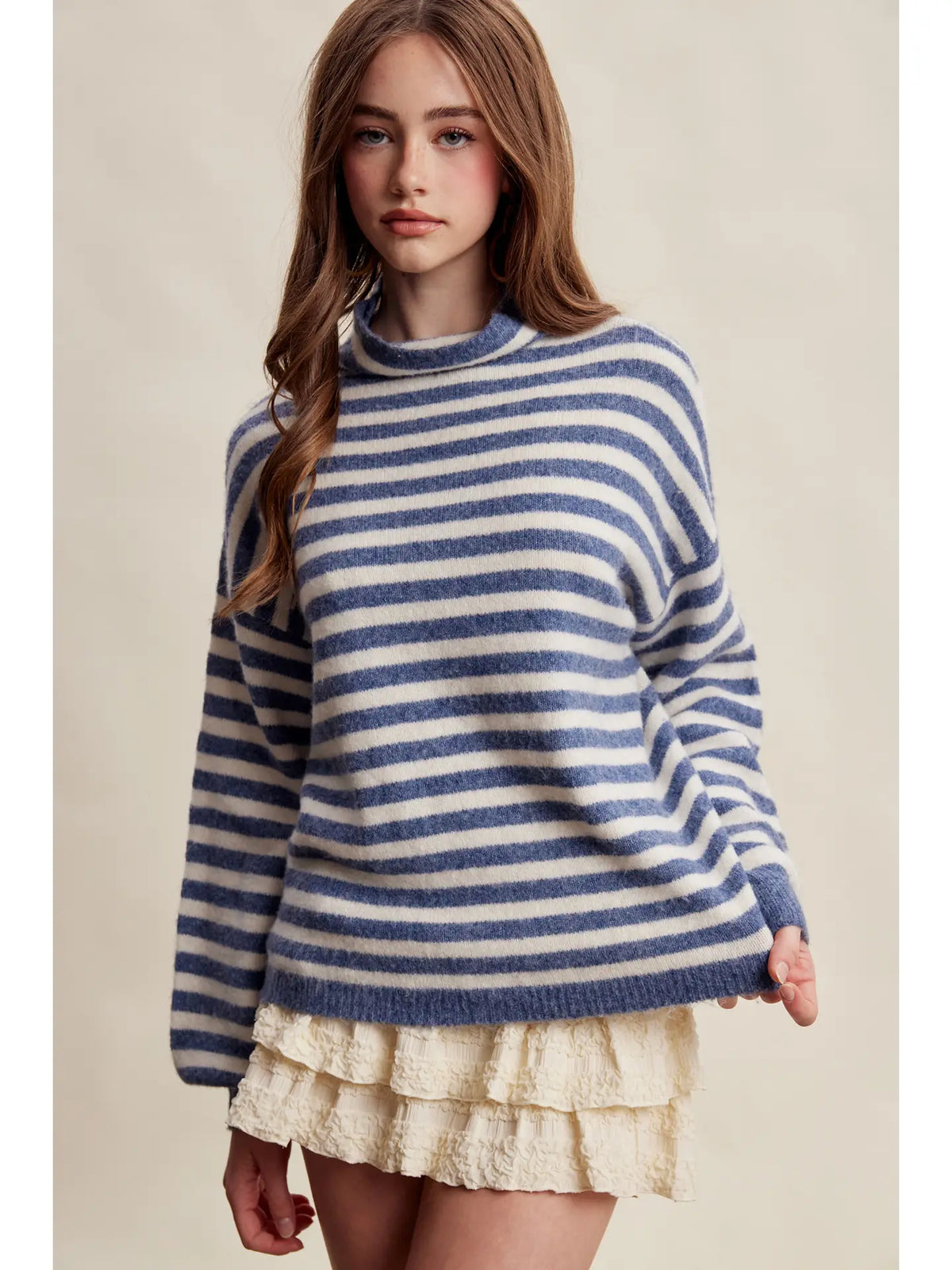 Striped Mock Neck Knit Sweater - Blue