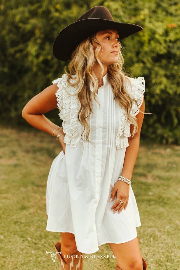 Ivory Crochet Ruffle Sleeveless Button Down Dress