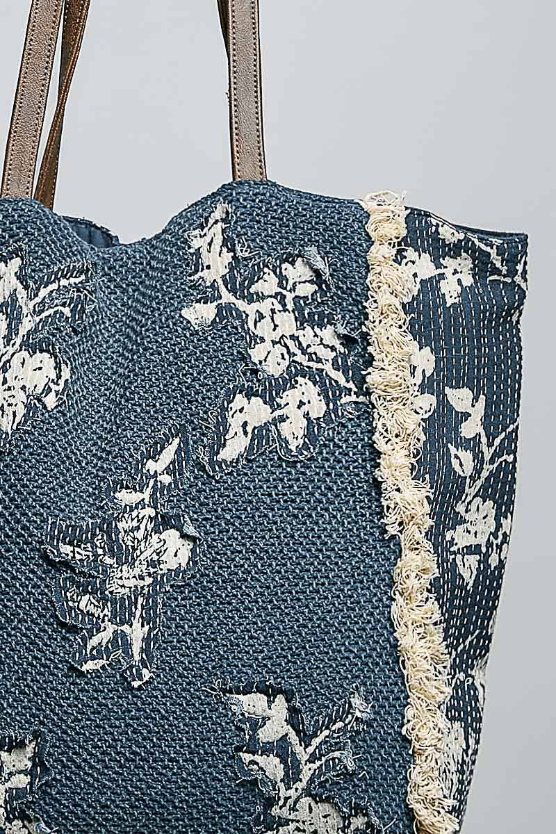 Contrast Trim Textured Woven Denim Tote Bag