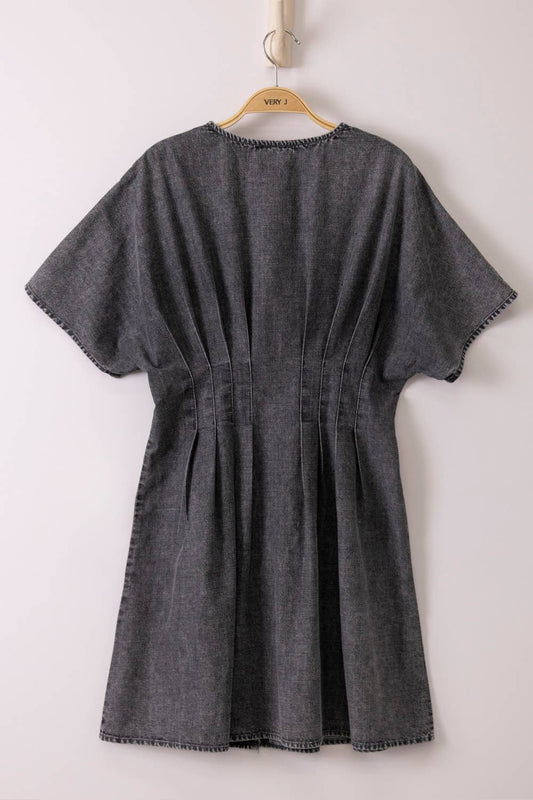 Pintuck Detail Mineral Washed Chambray Mini Dress