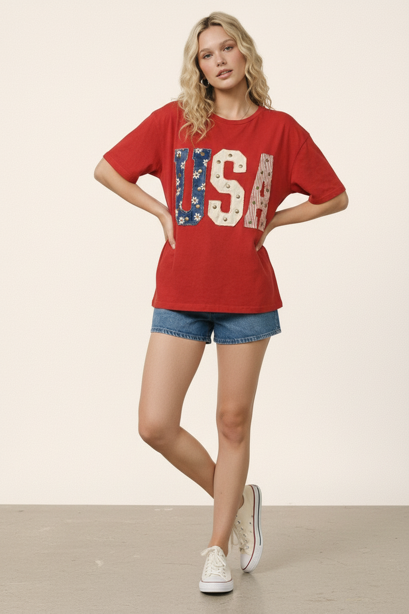 Mixed-Media Studded USA Graphic Tee