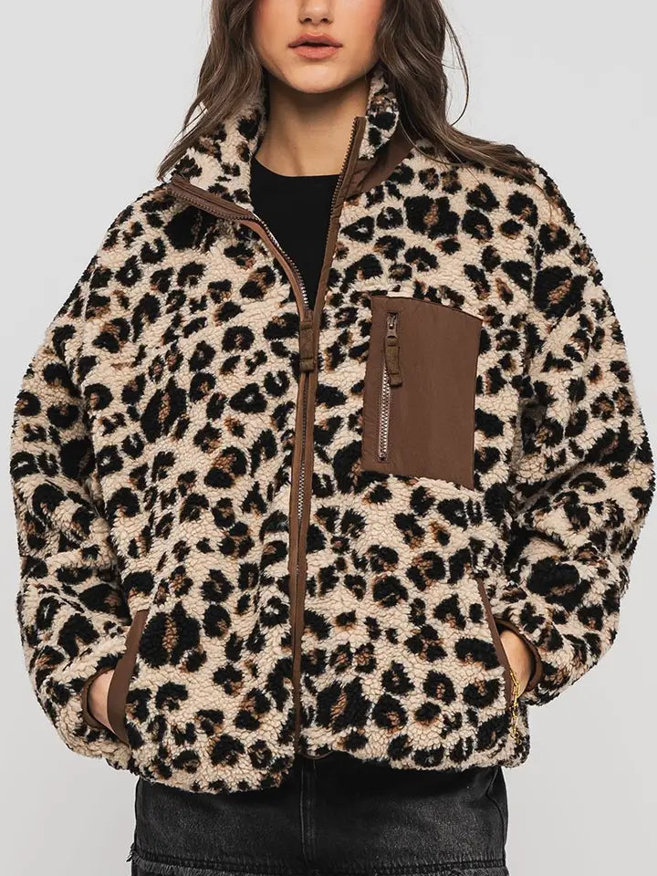 Leopard Print Sherpa Fleece Chest Pocket Zip Jacket