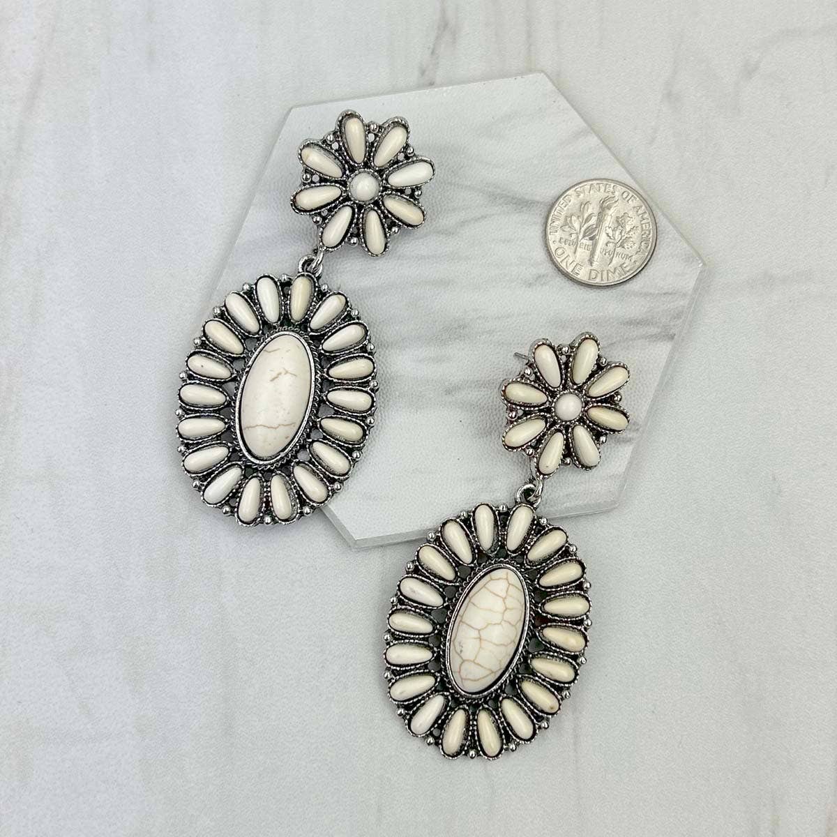 Silver metal concho with white stone beads Earrings: WHITE