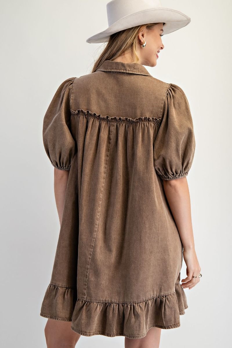 RUFFLE BOTTOM WASHED CHAMBRAY DRESS