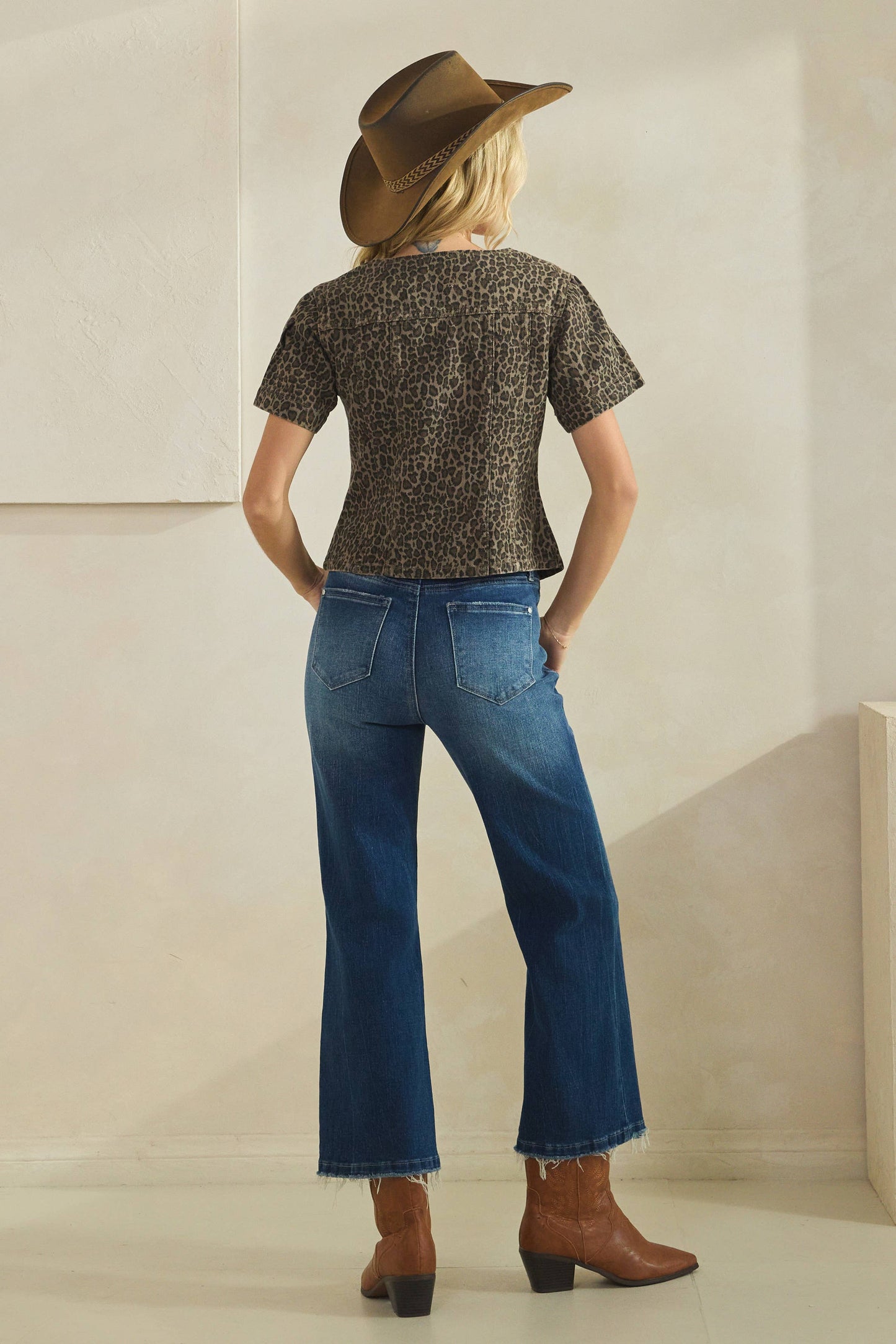 Leopard short sleeve denim top