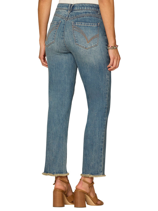 "AB"SOLUTION HIGH RISE SLIM STRAIGHT W/ CASCADING-D & CLEAN FINISH FRAY