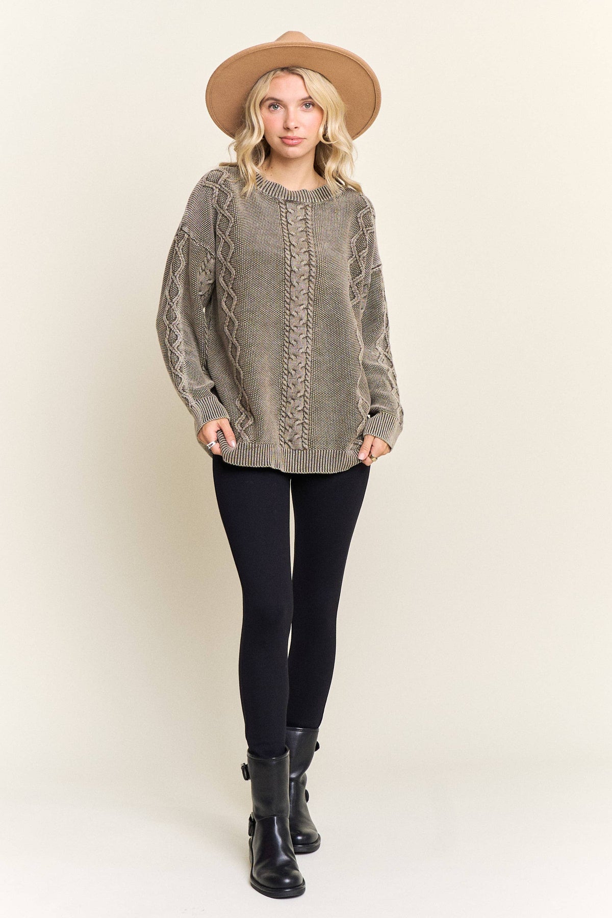 COFFEE VINTAGE WASH CABLE KNIT PULLOVER SWEATER