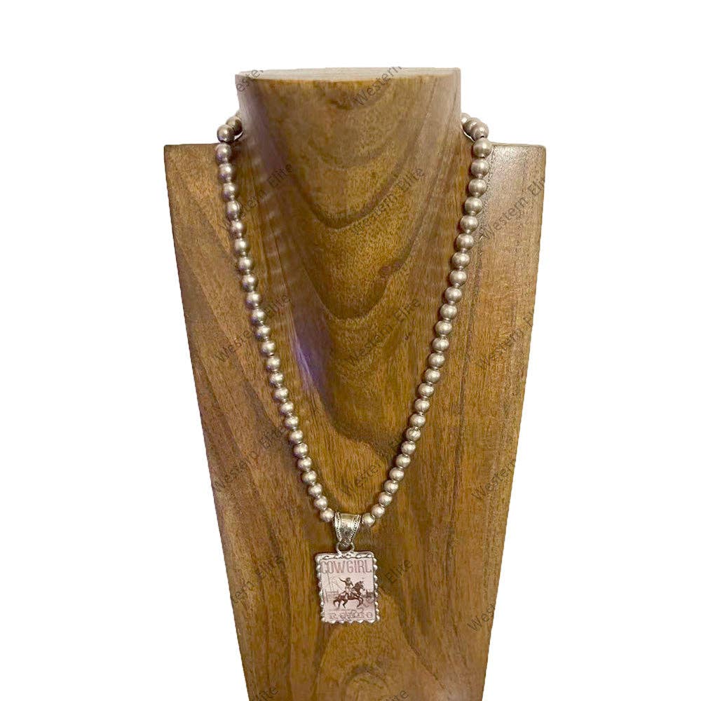 22.5‘’ L 8mm metal Navajo pearl beads necklace with RODEO Cowboy picture Pendent