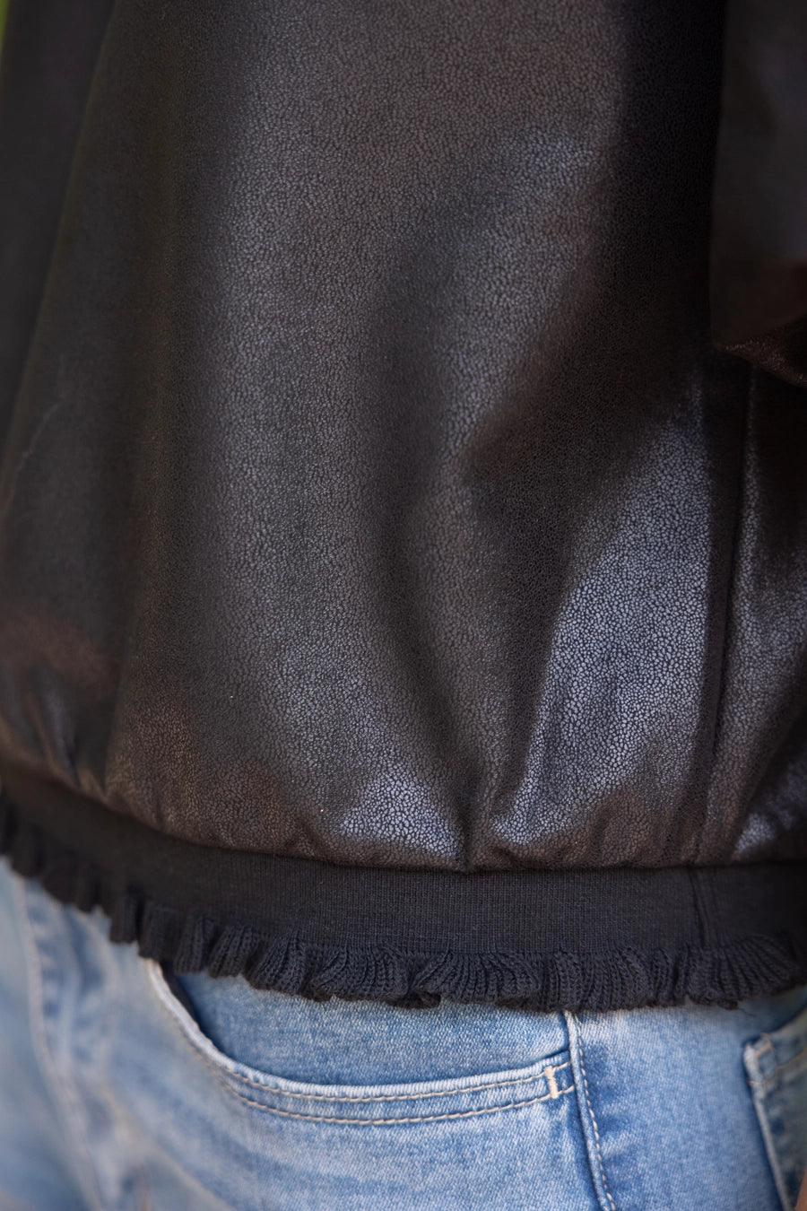 Ribbed Knit Band Solid Black Faux Leather Top