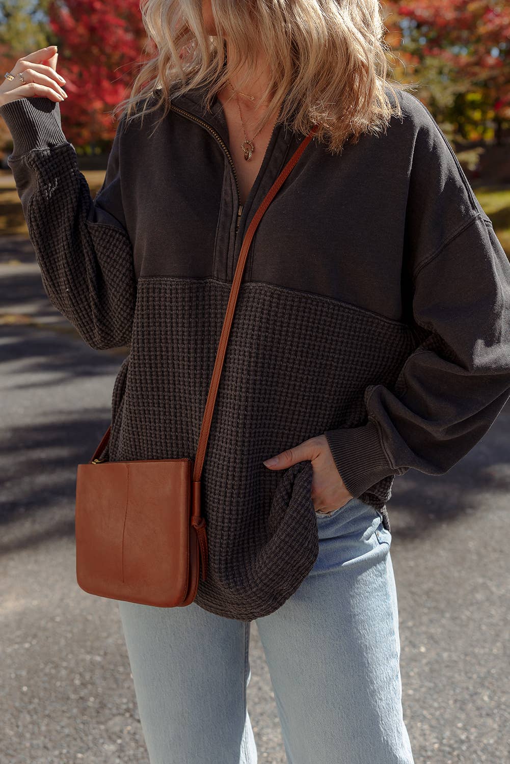 Waffle Knit Patchwork Half Zipped Casual Sweatshirt: Carbon Grey