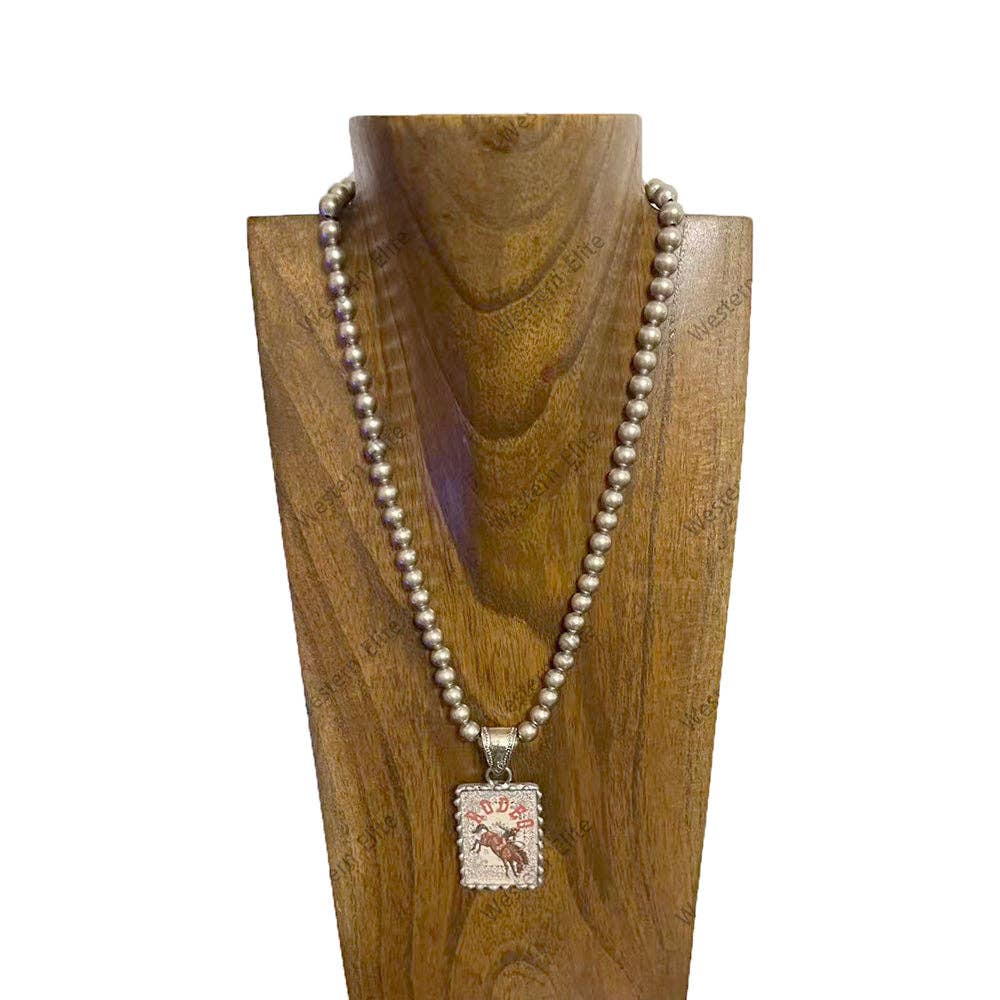22.5‘’ L 8mm metal Navajo pearl beads necklace with RODEO Cowboy picture Pendent