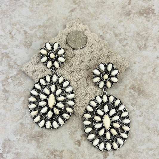 Silver small white stone concho  with oval concho post Earrings