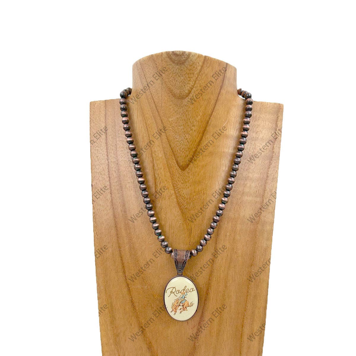 15 inches silver Navajo pearl beads with oval cowboy pendent Necklace