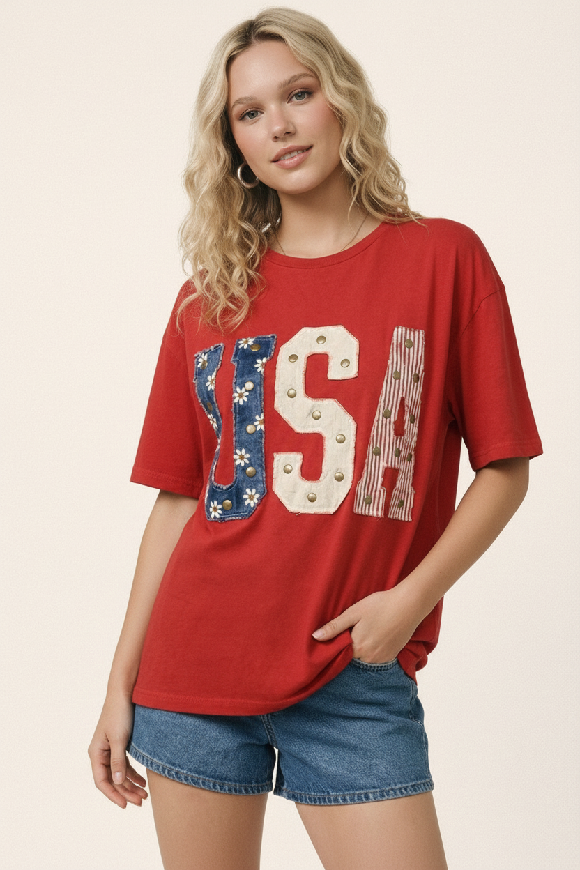 Mixed-Media Studded USA Graphic Tee