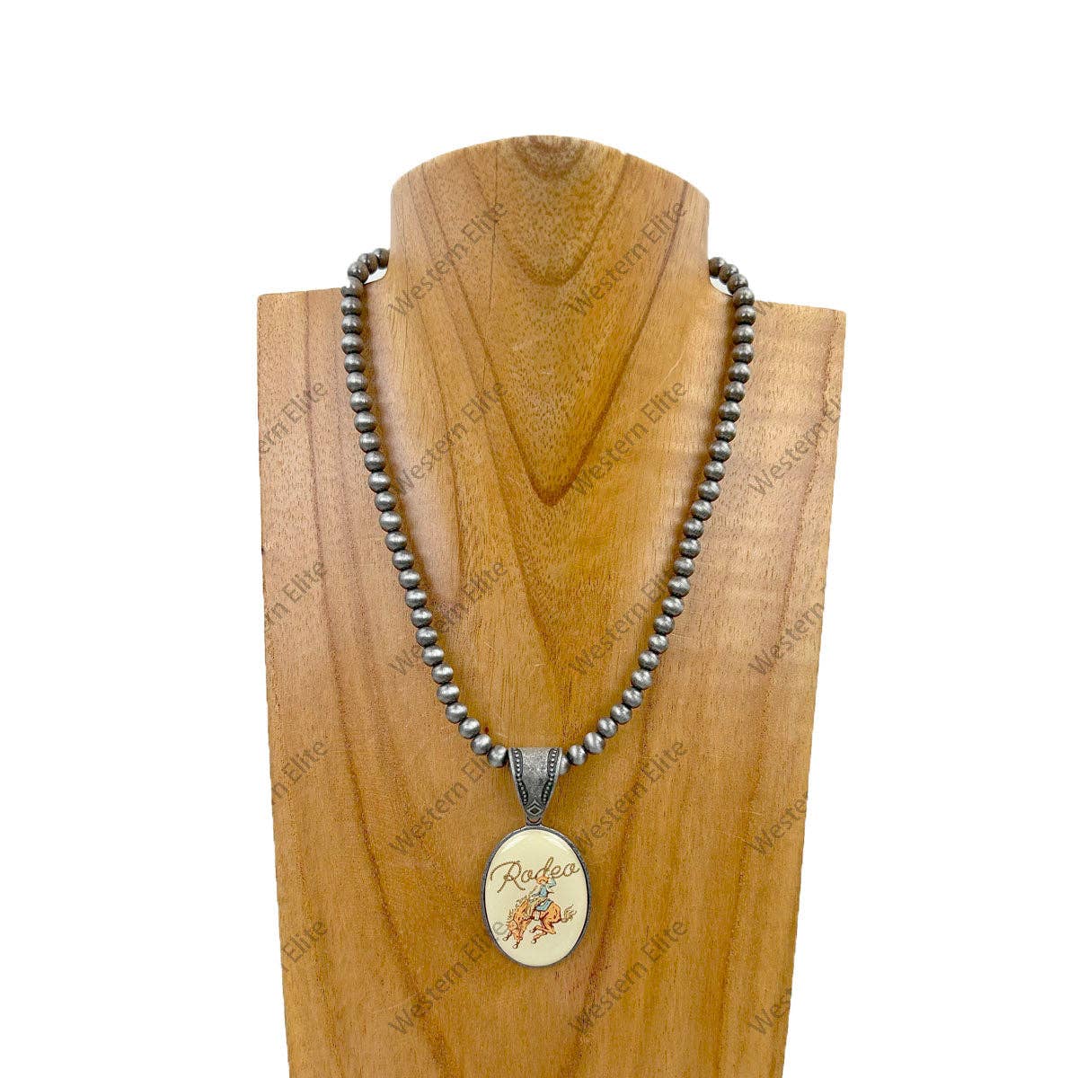 15 inches silver Navajo pearl beads with oval cowboy pendent Necklace