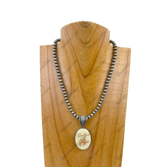 15 inches silver Navajo pearl beads with oval cowboy pendent Necklace