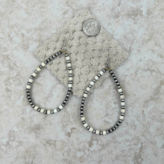 Silver Navajo pearl with white stone beads  teardrop hoop Earrings