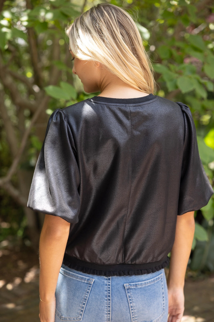 Ribbed Knit Band Solid Black Faux Leather Top
