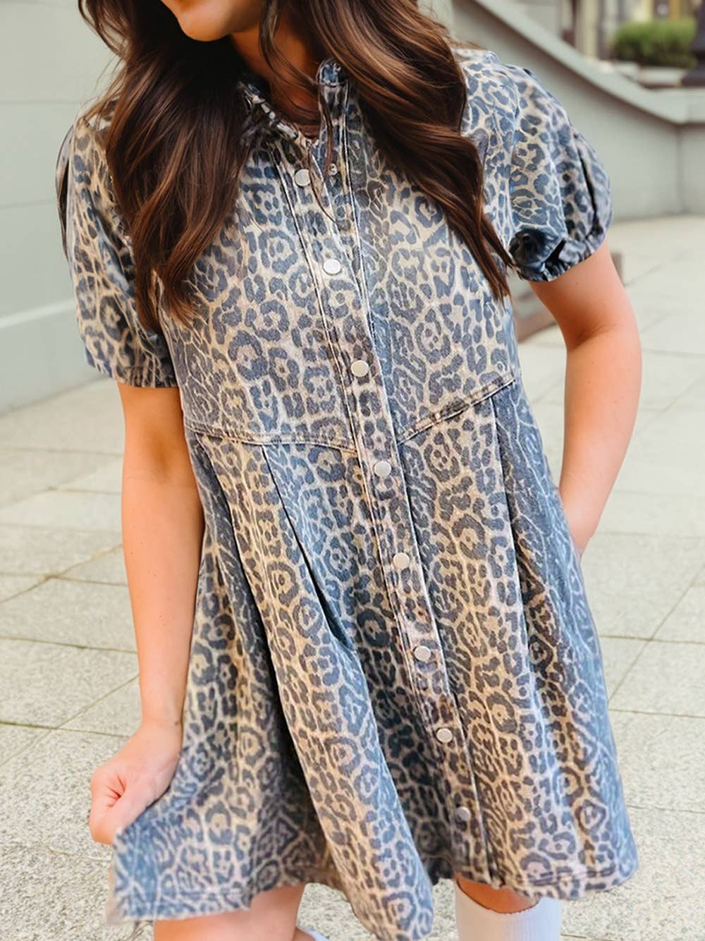 Leopard Print Short Sleeve Pleated Denim Mini Dress