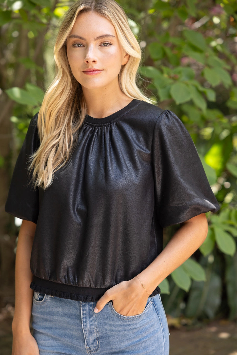 Ribbed Knit Band Solid Black Faux Leather Top