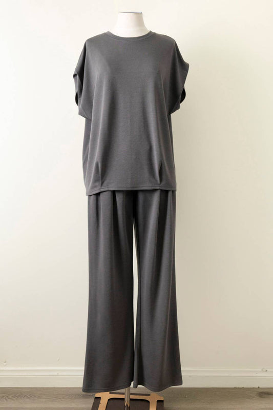 Solid Knit Comfy Top & Pants Set Color Charcoal