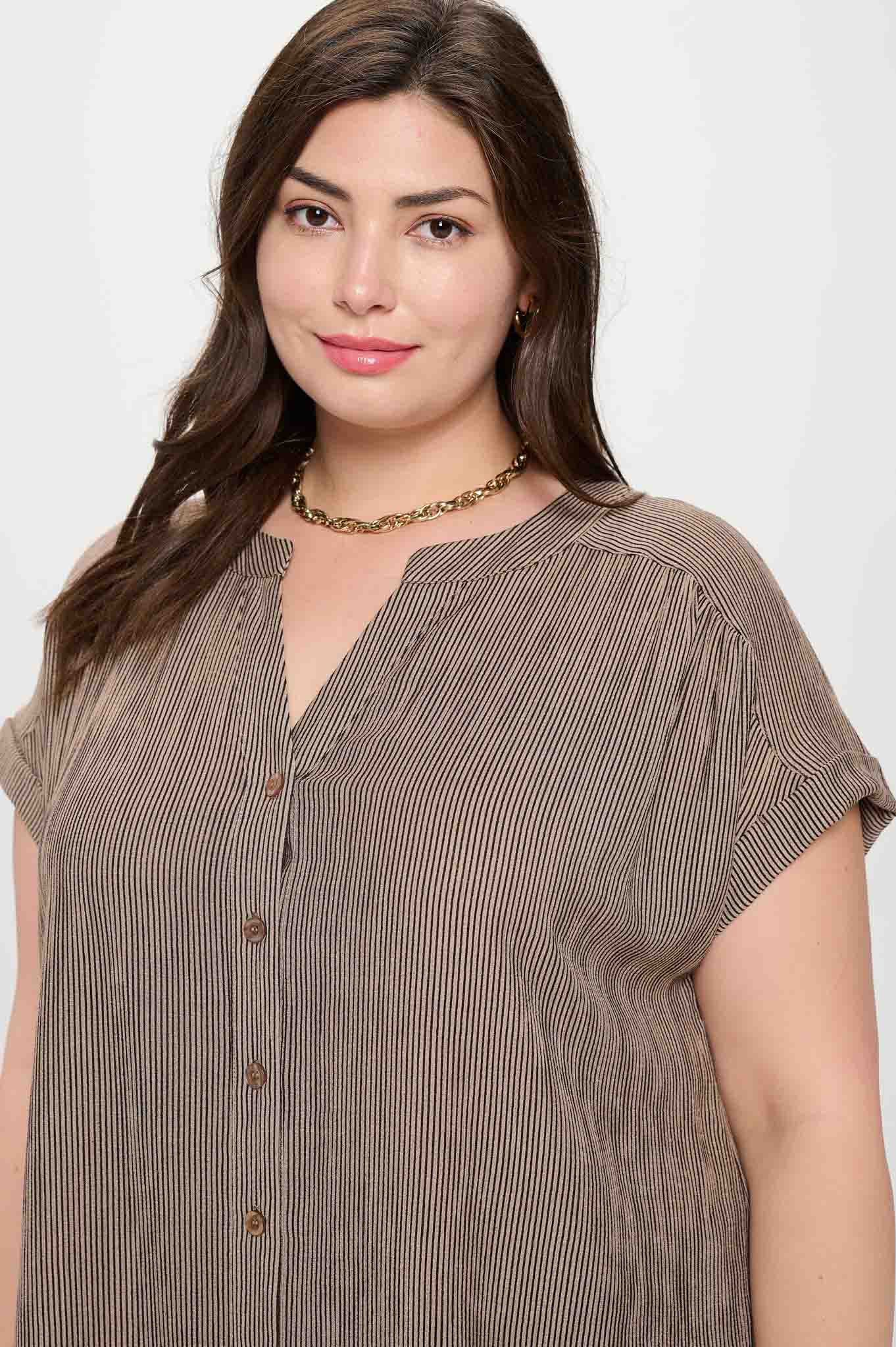 PLUS PINSTRIPE SHORT CUFF SLEEVE SHIRT BROWN