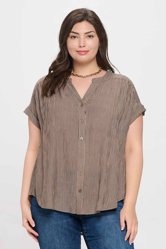 PLUS PINSTRIPE SHORT CUFF SLEEVE SHIRT BROWN