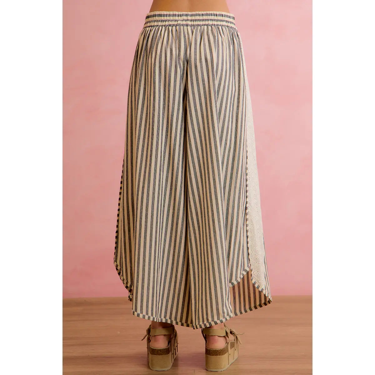 Floral Eyelet Side Elastic Stripes Wide Leg Pants
