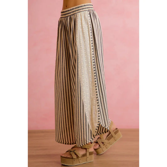 Floral Eyelet Side Elastic Stripes Wide Leg Pants