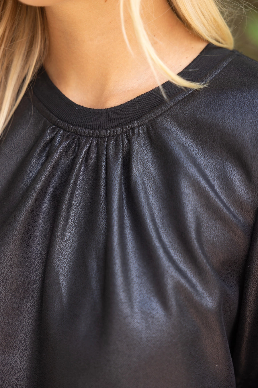 Ribbed Knit Band Solid Black Faux Leather Top